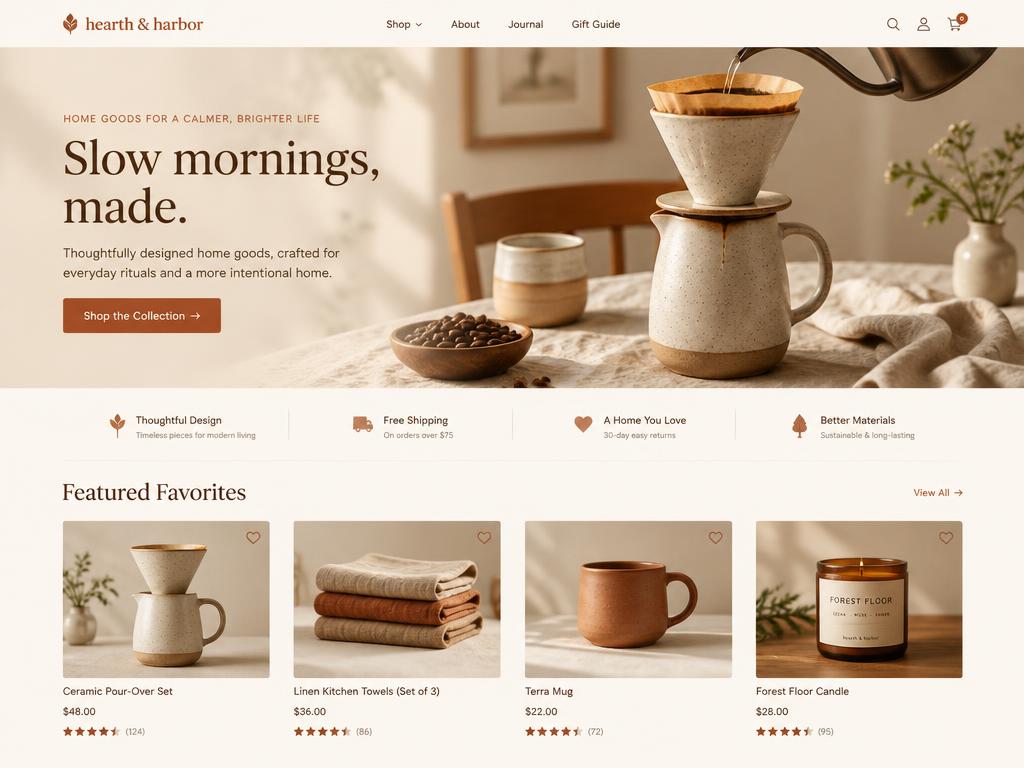 Hearth & Harbor store homepage